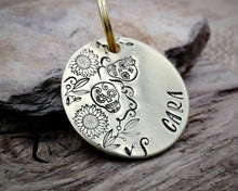 Load image into Gallery viewer, Dog id tag, hand stamped with sugar skull design & flowers