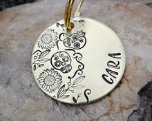 Load image into Gallery viewer, Dog id tag, hand stamped with sugar skull design & flowers
