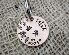 Load image into Gallery viewer, Small dog id tag, hand stamped with flower design & birds