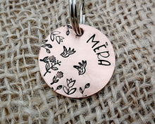 Load image into Gallery viewer, Small dog id tag, hand stamped with flower design & birds