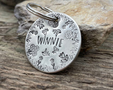 Load image into Gallery viewer, Dog tag, hand stamped with flowers, bees & birds