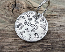 Load image into Gallery viewer, Dog tag, hand stamped with flowers, bees & birds