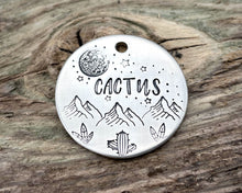 Load image into Gallery viewer, Dog id tag, hand stamped with mountains, cactus & moon