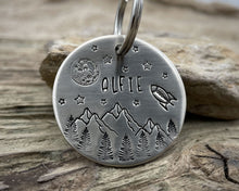 Load image into Gallery viewer, Large dog id tag, hand stamped with mountains, moon & spaceship