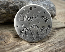 Load image into Gallery viewer, Large dog id tag, hand stamped with mountains, moon & spaceship