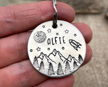 Load image into Gallery viewer, Large dog id tag, hand stamped with mountains, moon & spaceship
