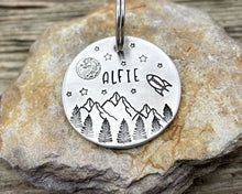 Load image into Gallery viewer, Large dog id tag, hand stamped with mountains, moon & spaceship
