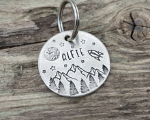 Load image into Gallery viewer, Large dog id tag, hand stamped with mountains, moon & spaceship