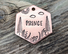 Load image into Gallery viewer, Hexagon dog tag, hand stamped with trees & leaf design