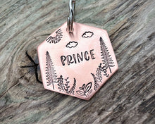 Load image into Gallery viewer, Hexagon dog tag, hand stamped with trees & leaf design