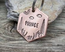 Load image into Gallery viewer, Hexagon dog tag, hand stamped with trees & leaf design