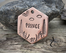 Load image into Gallery viewer, Hexagon dog tag, hand stamped with trees & leaf design