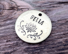 Load image into Gallery viewer, Dog tag, hand stamped with lotus flower