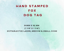 Load image into Gallery viewer, Fox head dog id tag, hand stamped with cute fox, trees & moon