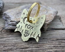 Load image into Gallery viewer, Fox head dog id tag, hand stamped with cute fox, trees & moon
