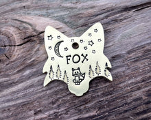 Load image into Gallery viewer, Fox head dog id tag, hand stamped with cute fox, trees & moon