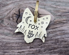 Load image into Gallery viewer, Fox head dog id tag, hand stamped with cute fox, trees & moon