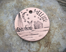 Load image into Gallery viewer, Dog id tag, landscape design with tree, deer & cabin