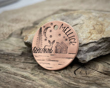 Load image into Gallery viewer, Dog id tag, landscape design with tree, deer & cabin