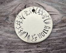 Load image into Gallery viewer, Large dog name tag, hand stamped with leaf design
