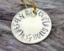 Load image into Gallery viewer, Large dog name tag, hand stamped with leaf design