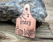 Load image into Gallery viewer, Cow ear tag dog tag, hand stamped pet id tag with flower design