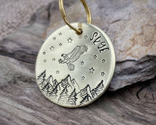 Load image into Gallery viewer, Large dog id, hand stamped with adventure design, mountains & eagle