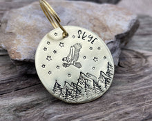 Load image into Gallery viewer, Large dog id, hand stamped with adventure design, mountains & eagle