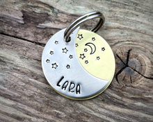 Load image into Gallery viewer, Dog id tag, crescent moon with stars, handstamped