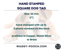 Load image into Gallery viewer, Square Halloween dog id tag with raven, cute small pet tag hand stamped with 2 phone numbers

