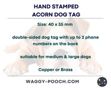 Load image into Gallery viewer, Acorn dog tag with mountain and fox design, fall pet id tag hand-stamped
