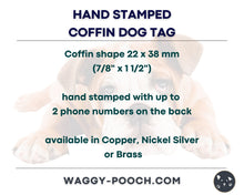Load image into Gallery viewer, Coffin dog id tag with spooky Halloween design, double-sided pet id tag with 2 phone numbers
