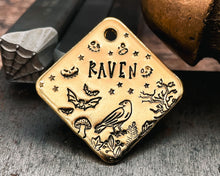 Load image into Gallery viewer, cute spooky dog tag with raven and bats
