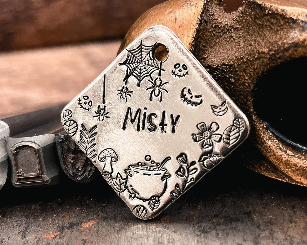 Halloween dog tag for small dogs with cauldron and spooky spider