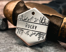 Load image into Gallery viewer, mountain dog id tag with trees hand-stamped
