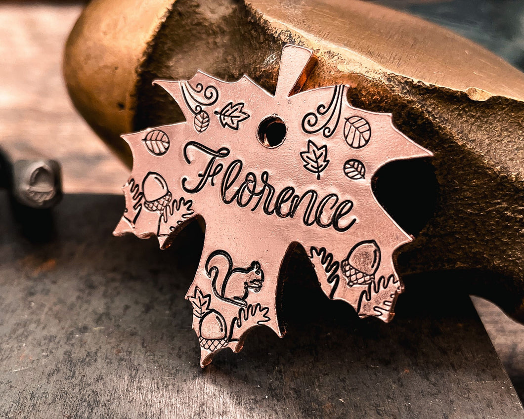 maple leaf dog tag with squirrel and leaves