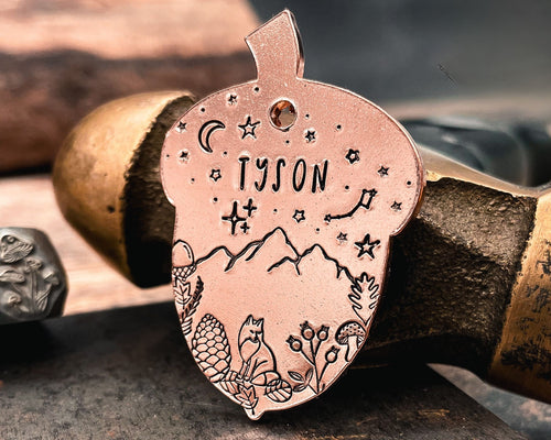 acorn dog id tag with mountains, fox and stars