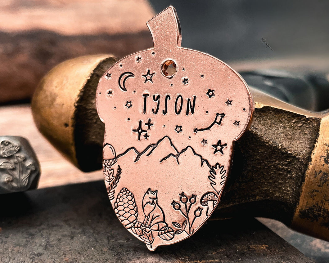 acorn dog id tag with mountains, fox and stars