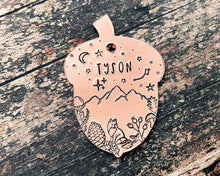 Load image into Gallery viewer, fall dog tag acorn shape with forest and fox design
