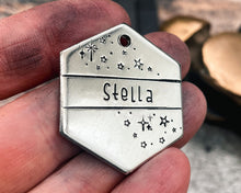 Load image into Gallery viewer, Hexagon dog tag, hand stamped with star design, handmade dog gift idea
