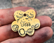 Load image into Gallery viewer, hand-stamped paw dog tag with Halloween dog tag
