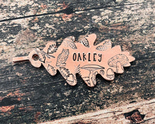 Load image into Gallery viewer, Oak leaf dog tag with owl, fall pet id tag hand-stamped

