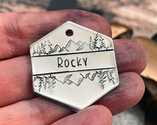 Load image into Gallery viewer, custom pet tag with mountains and trees double-sided and handmade
