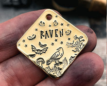 Load image into Gallery viewer, small square dog tag with spooky bat and raven desingn
