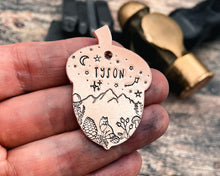 Load image into Gallery viewer, hand-stamped dog tag acorn shape 
