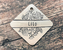 Load image into Gallery viewer, Metal dog tag personalized with up to 2 phone numbers or address, leaf dog tag
