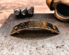 Load image into Gallery viewer, Nameplate for dog collar to rivet on, silent dog id tag for pet collar in brass, copper or nickel silver with phone number
