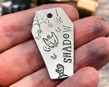 Load image into Gallery viewer, hand-stamped Halloween dog id tag coffin shaped
