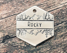 Load image into Gallery viewer, personalized hexagon pet id tag handmade with mountains and trees
