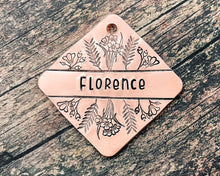 Load image into Gallery viewer, Square dog tag personalized with up to 2 phone numbers or address, flower dog tag

